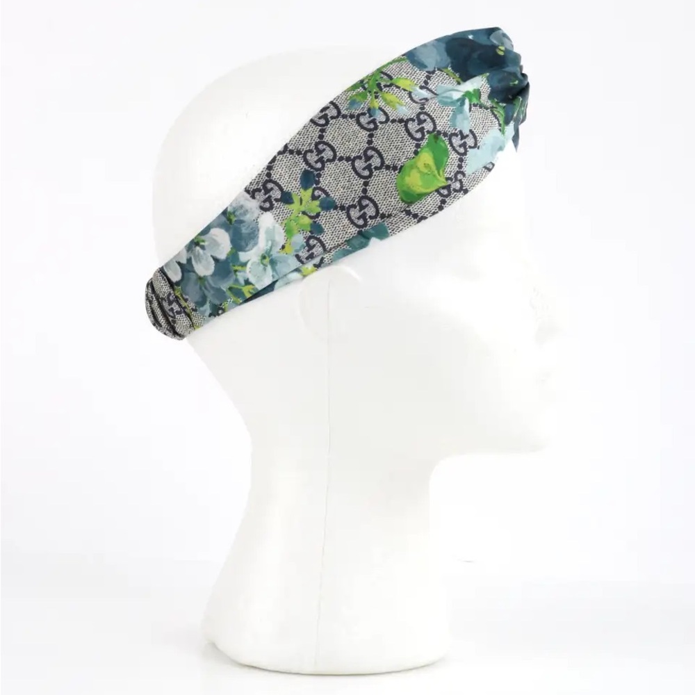 GUCCI “Blooms” Blue Gray GG Monogram Floral Knotted Silk Headband NWT - Picture 3 of 7